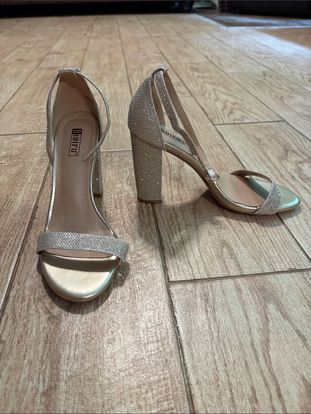 IDIFU Glitter Block Heel Sandals in Champagne Gold